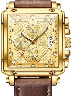 OLEVS Golden Square Chronograph Watch with Brown Leather Strap